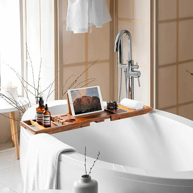 Realgulf Teak Bathtub Tray | Adjustable Width Tray with Wine Holder, Tablet/Phone & Book Stand, Splash-Proof for Bath Time- Natural - ModernBath