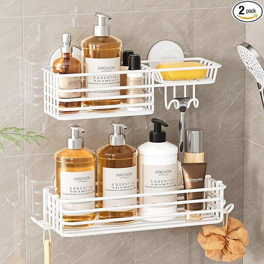 LEVERLOC Shower Caddy Suction Cup, 2 Pack Shelves for Inside with Hooks and Soap Holder, NO-Drilling Bathroom Holder, Rustproof Meatl Bathroom Organizer, White - ModernBath