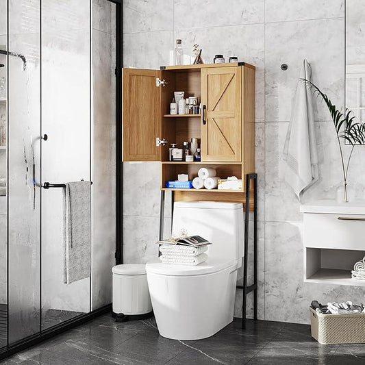 Over The Toilet Storage Cabinet with 2-Door Design Bathroom Organizers and Storage with Anti-Tip Device Over Toilet Organizer with Shelves for Bathroom,Restroom,Laundry Natural - ModernBath