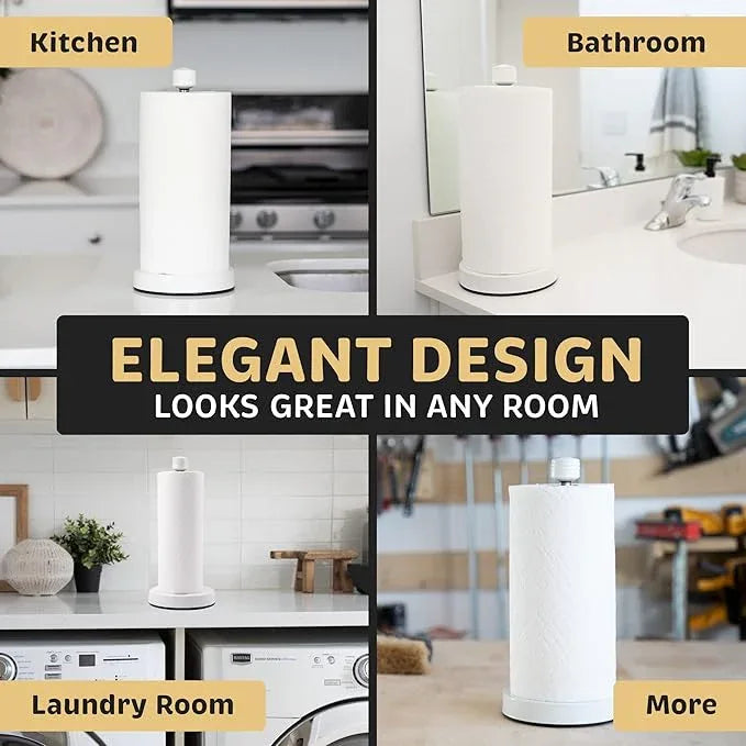 Dear Household Stainless Steel Paper Towel Holder Easy One-Handed Operation - This Sturdy Weighted Paper Towel Dispenser Countertop Model Has Suction Cups and Holds All Paper Towel Rolls - White - ModernBath