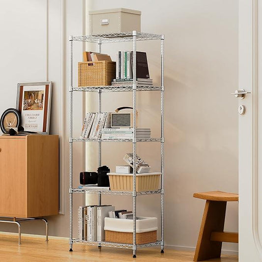 1250 lbs 5 Tier Shelf Metal Storage Shelves Wire Rack Closet Organizers with Wheel for Garage Kitchen Bathroom Laundry Chrome 13.7" D x 23.6" W x 62.4" H - ModernBath