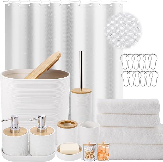 XLHOMO White Bathroom Set, White Bathroom Accessories Set with Shower Curtain, Bath Towel Set, Trash Can, 2PCS Soap Dispensers, Soap Dish, Toothbrush Holder and Cup,Toilet Brush for Bathroom Decor - ModernBath