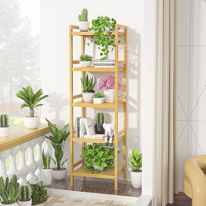 Homykic Bamboo Bookshelf, 5-Tier Narrow 55.9” Adjustable Book Shelf Bookcase Bathroom Shelves Freestanding Storage Stand for Living Room, Bedroom, Kitchen, Rust Resistance, Easy Assembly, Natural - ModernBath