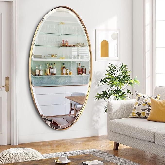 POZINO Brushed Gold Beveled Mirror, 28"x48" Large Brass Oval Mirrors, Bathroom Mirror for Over Sink, Modern Rounded Vanity Wall Mirrors in Premium Stainless Steel Frame, Hangs Horizontal Or Vertical - ModernBath