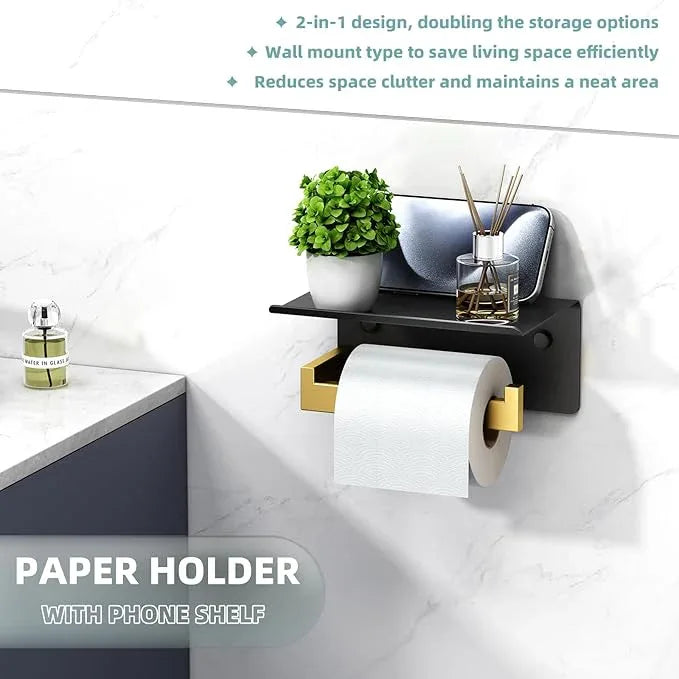 Toilet Paper Holder with Phone Shelf Black & Gold, APLusee 304 Stainless Steel Tissue Roll Dispenser Storage, Bathroom Accessories Wall Mounted - ModernBath