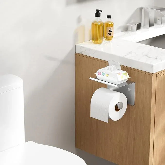 FORIOUS Toilet Paper Holder with Shelf, Adhesive or Screw Wall Mount Toilet Roll Holder for Bathroom, Rustproof 304 Stainless Steel Commercial Toilet Tissue Holder with Storage, Brushed Nickel - ModernBath