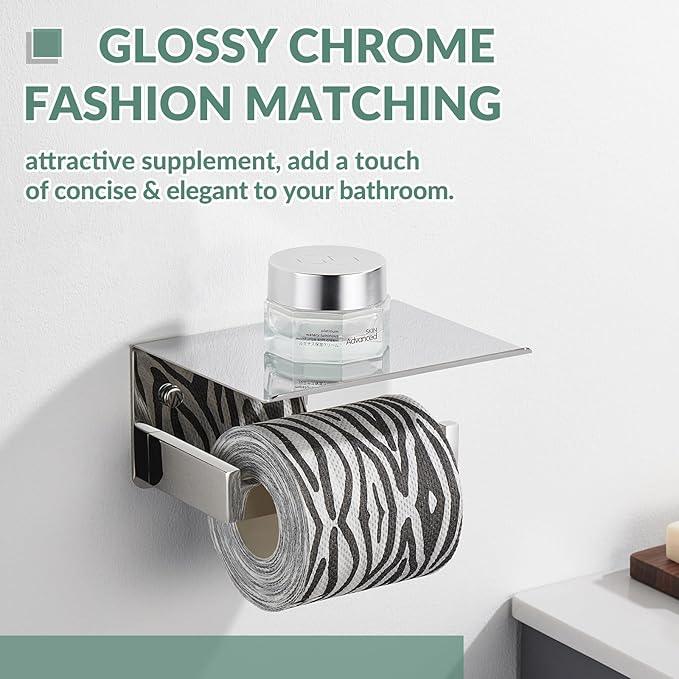 Toilet Paper Holder with Phone Shelf Polished Chrome, APLusee Bathroom Accessories 304 Stainless Steel Tissue Roll Dispenser Storage Wall Mounted - ModernBath