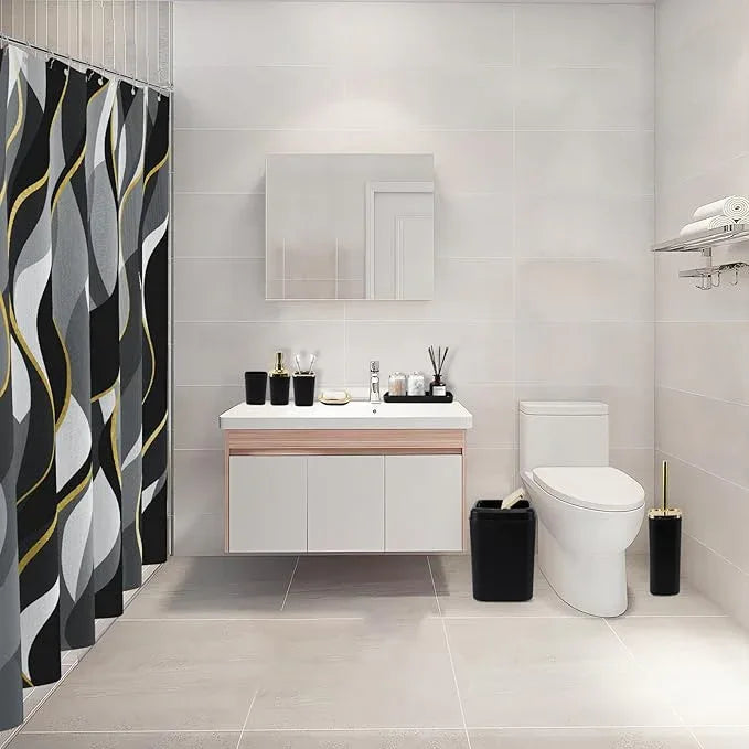XLHOMO Black Bathroom Set, Bathroom Sets with Stripe Shower Curtain, Black and Gold Bathroom Accessories with Trash Can, Soap Dispenser, Soap Dish, Toilet Brush Holder, Qtip Holders for Bathroom - ModernBath