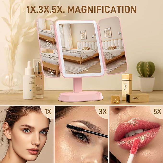 FRANO Rechargeable Trifold Makeup Mirror with Lights, 1X/3X/5X Magnification, Cordless 3-Color LED Vanity Mirror for Travel & Desk, Up to 20H Use, Ideal Gift for Women & Teens - Pink - ModernBath