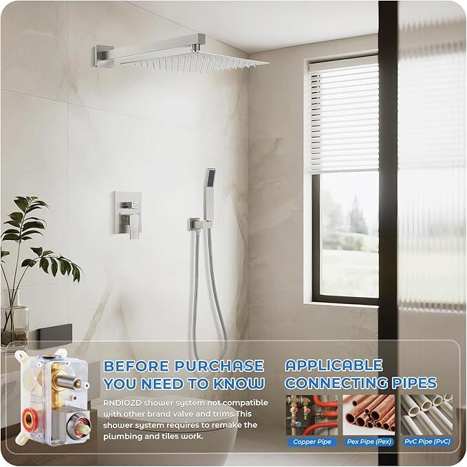 RNDIOZD Brushed Nickel Shower Faucet Set, 10 inch Rain Shower System w/Pressure Balance Valve, Wall Mounted 2-Functions Bathroom Shower Systems w/Rain Shower and Handheld Spray Shower Trim Included - ModernBath