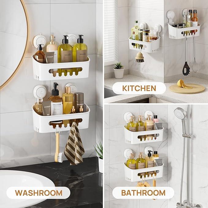 LEVERLOC Shower Caddy Suction Cup 2 Pack, Shower Organizer Removable Bathroom Shelf, Storage Suction Powerful Max Hold 22lbs Bathroom Caddy Waterproof Holder, White - ModernBath