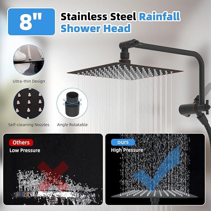 All Metal Shower Head, 8" High Pressure Rainfall/Handheld Shower Combo with 11" Extension Arm, 10-Spray Handheld Showerhead, 71" Long Hose, 3-Way Diverter Valve, Oil Rubbed Bronze - ModernBath