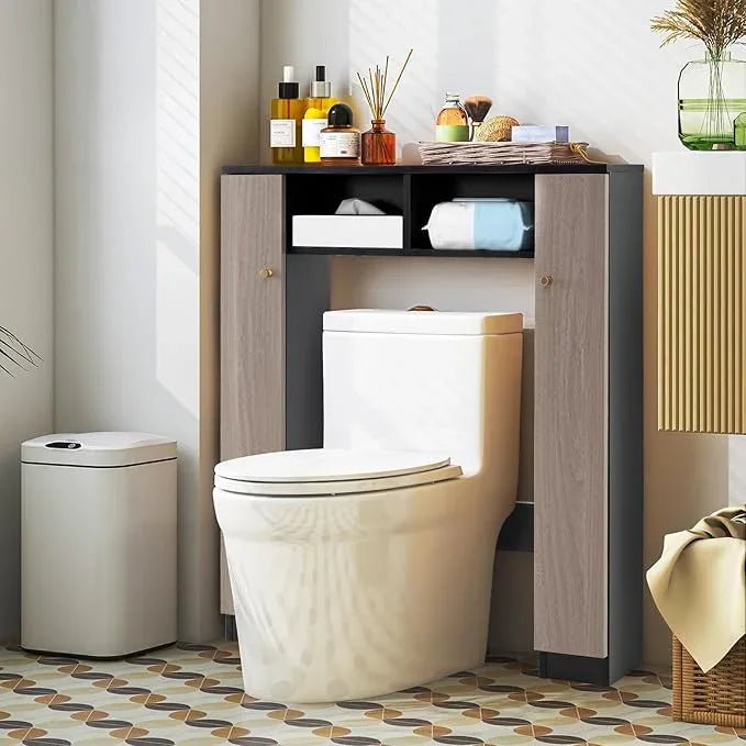 Giantex Over The Toilet Storage Cabinet, Double Door Freestanding Bathroom Organizer w/ 2 Open Compartments & 4 Adjustable Shelves, Bathroom Space Saver, Laundry Room Storage Rack (Black+Oak) - ModernBath