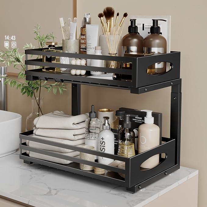 Under Sink Organizer, 2 Tier Under Sink Organizers and Storage, Adjustable Height, Slide out Metal Cabinet Organizers, Pull out Cabinet Storage Drawer Shelf for Kitchen Bathroom - ModernBath