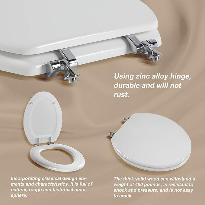 Elongated White Toilet Seat Natural Wood Toilet Seat with Zinc Alloy Hinges, Easy to Install also Easy to Clean, Scratch Resistant by Angol Shiold (Elongated, White) - ModernBath