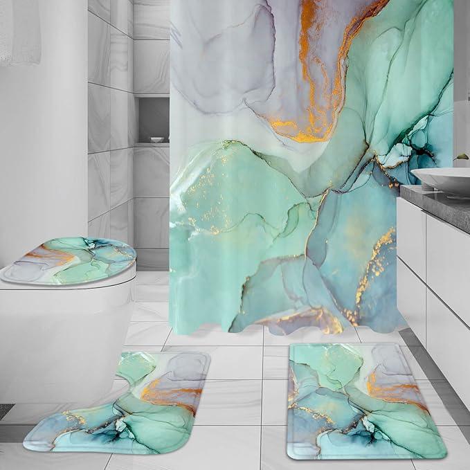 Gibelle 4 Pcs Shower Curtain Set with Non-Slip Rugs Toilet Lid Cover and Bath Mat, Green Marble Bathroom Decor Set with Accessories - ModernBath