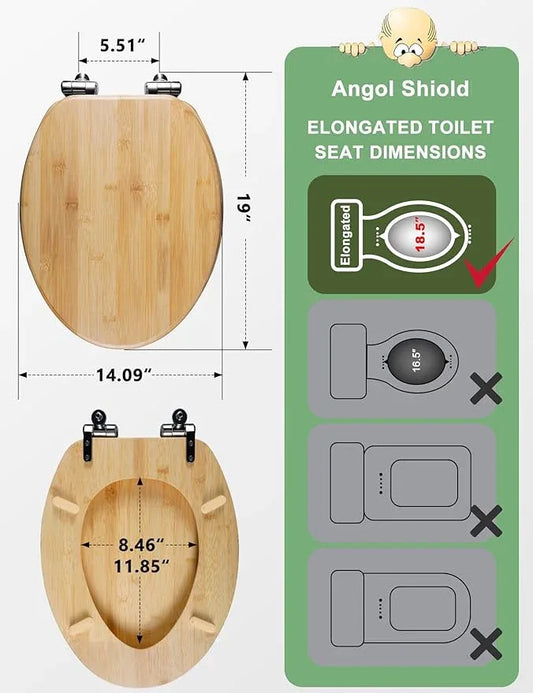Angol Shiold ELONGATED Bamboo Wood Toilet Seat Soft Close Zinc Alloy Strong Hinges, Light, Easy to Install & Clean, Up to 400 lbs (Elongated 18.5", Natural Bamboo) - ModernBath