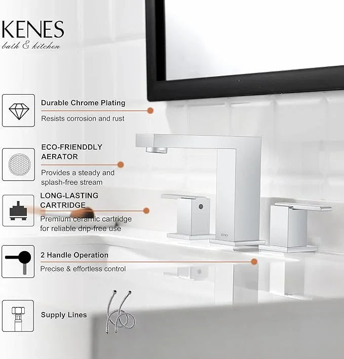 KENES Chrome Widespread Bathroom Faucet Two Handle Bathroom Sink Faucet, 8-Inch 3 Pieces Bathroom Vanity Faucet 3 Hole with Supply Lines, KE-9050-5 - ModernBath