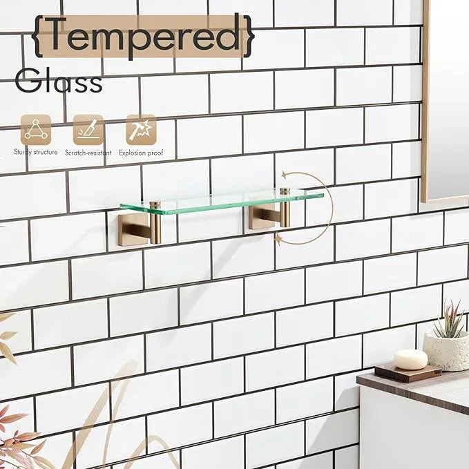 KOKOSIRI Wall Shelves Bathroom Hardware Glass Floating Shelf 12-Inch for Bedroom, Living Room, Kitchen, Hanging Rack Champagne Bronze B1105CPG-L12 - ModernBath