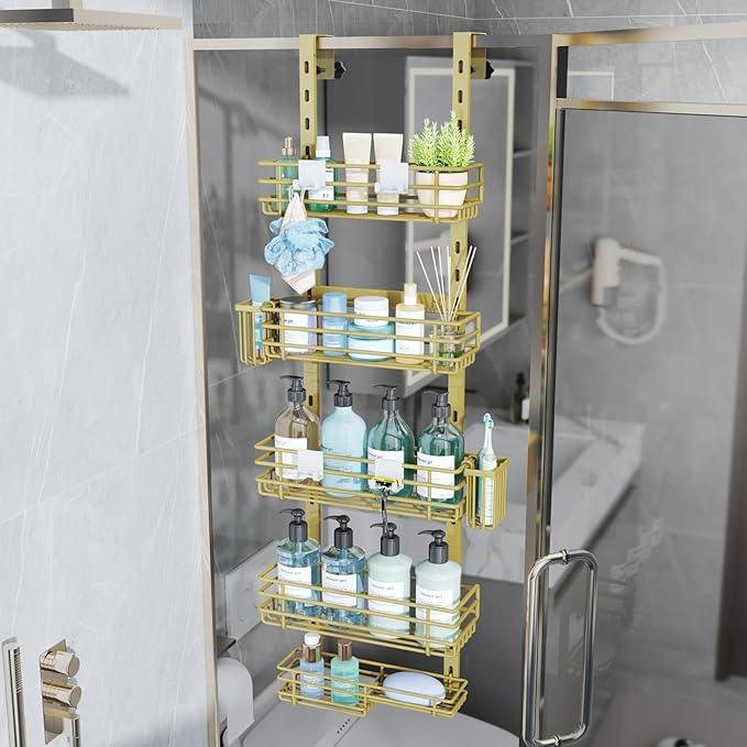 Consumest Over The Door Shower Caddy - 5 Tier Adjustable Shower Organizer Hanging with 2 Toothbrush Holders & 4 Hooks, Rustproof Organizer Shelf, Storage Rack for Bathroom, Gold - ModernBath