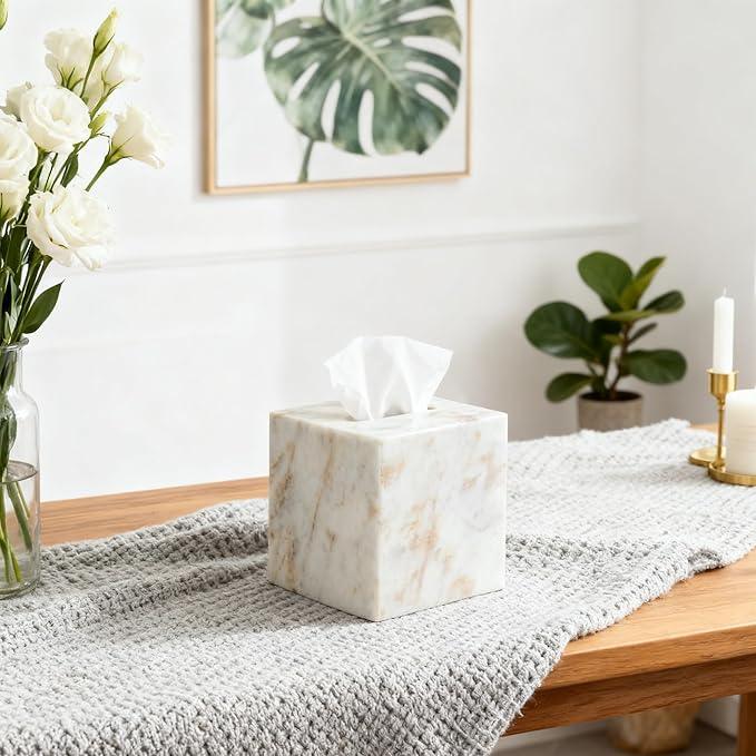 Marble Tissue Box Cover for Bathroom, White with Gold Texture Marble Facial Tissue Holder, Rectangular Toilet Paper Holder Case, Elegant Home Decorative for Vanity, Bedroom, Living Room, Office - ModernBath