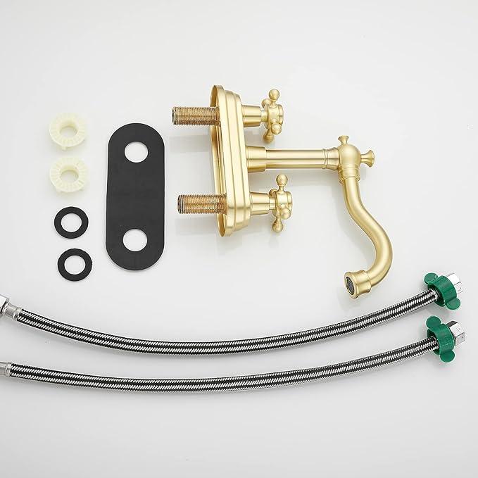 Bathroom Faucet Brushed Gold GGStudy 2 Handles 4 Inches Centerset Bathroom Vanity with Drain Assembly and Supply Hose Lavatory Mixer Double Handle Tap - ModernBath