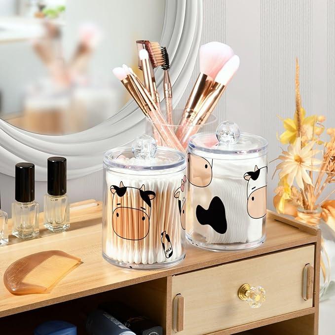 Tatenale Qtip Holder Bathroom Set Q tip Cotton Ball Swab Pad Dispenser Container Organizer Plastic Jars with Lids Storage 2Pack Cute Cow and Milk - ModernBath