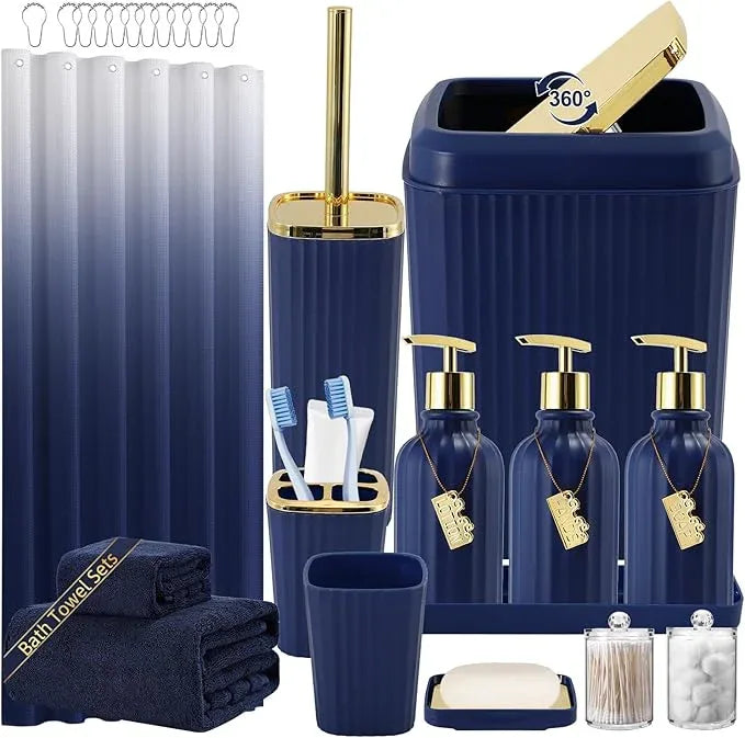 WSBArt 32PCS Bathroom Accessories Set Bathroom Set,Navy Blue Shower Curtain Set,Bath Towel Set,Hand Towel,Toilet Brush,Trash Can & 3PCS Soap Dispenser - ModernBath