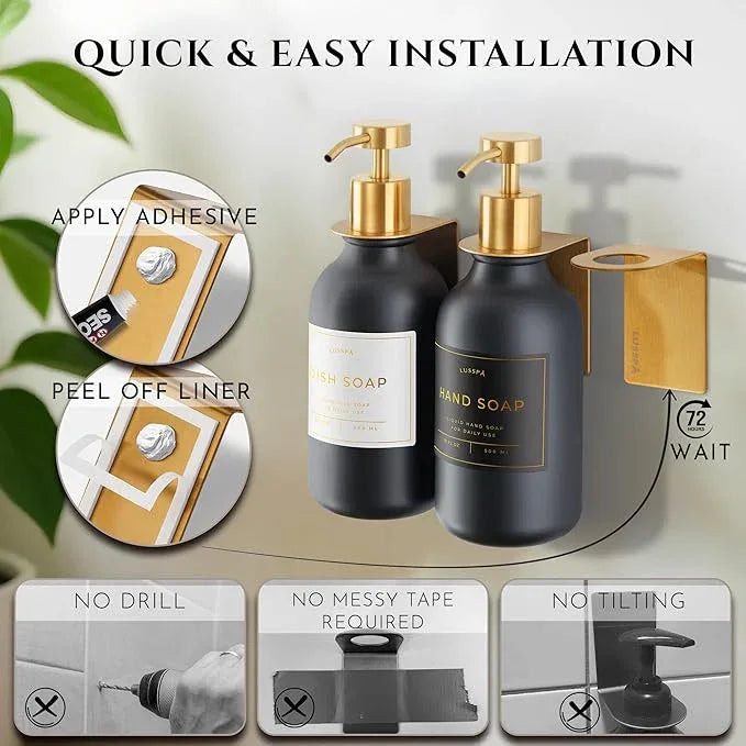 Shampoo & Conditioner Dispenser - Shower Soap Dispenser Wall Mounted - Set of 3 16.9 Oz Plastic Bottles with Pump & Holder - Shampoo Dispenser - Shower Dispenser Chamber No Drill (3 X Black/Gold) - ModernBath