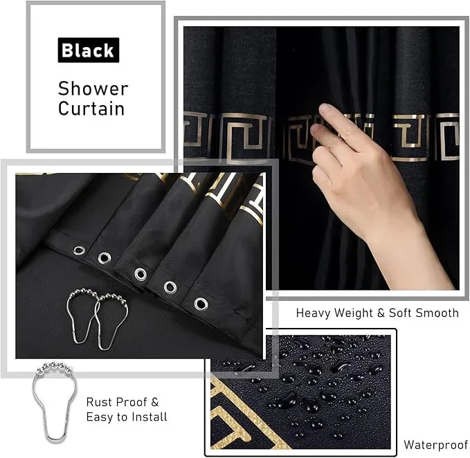 XLHOMO Bathroom Sets with Shower Curtain and Rugs Black Bathroom Accessories Bathroom Set,Soap Dispenser & Toilet Brush Holder Set with Stainless Steel Trash Can - ModernBath