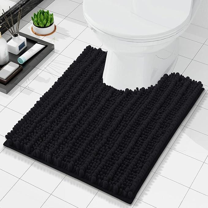 Arotive Luxury Chenille Toilet Rugs U-Shaped, Extra Soft Thick Absorbent Bathroom Mat, Non-Slip Shaggy Plush Contour Rugs, Machine Wash Dry Bath Mat for Toilet Base, 24x20, Black - ModernBath