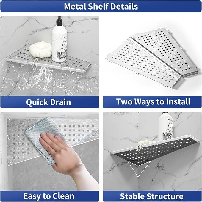 Corner Shower Shelf, 12" Trapezoid Grout in Shelf, 304 Stainless Steel Grid Design Recessed Bathroom Shelf for Tiled Wall - ModernBath