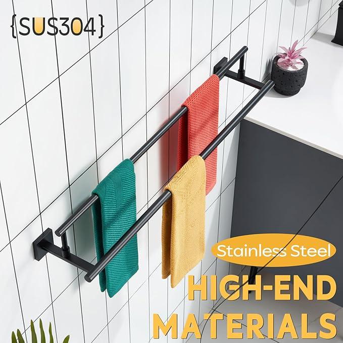 KOKOSIRI Bathroom Towel Bars 32-Inch Double Towel Rails Matte Black Towel Holder Overlength for Kitchen Garage Stainless Steel B5009BK-L32 - ModernBath