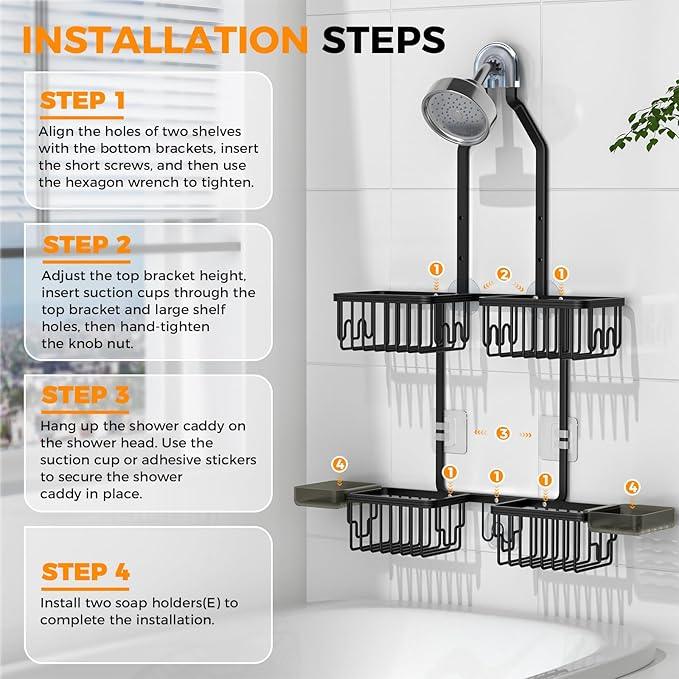 REINHARDT Aluminum Shower Caddy Hanging Adjustable Shower Caddy, Rustproof Hanging Shower Organizer with Hooks Soap Holders, Over Shower Head Caddy for Handheld Showerhead, Black - ModernBath