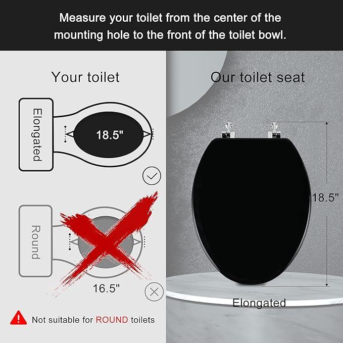 Black Elongated Toilet Seat Natural Wood Toilet Seat with Zinc Alloy Hinges, Easy to Install also Easy to Clean, Scratch Resistant Toilet Seat by Angol Shiold (Elongated, Black) - ModernBath