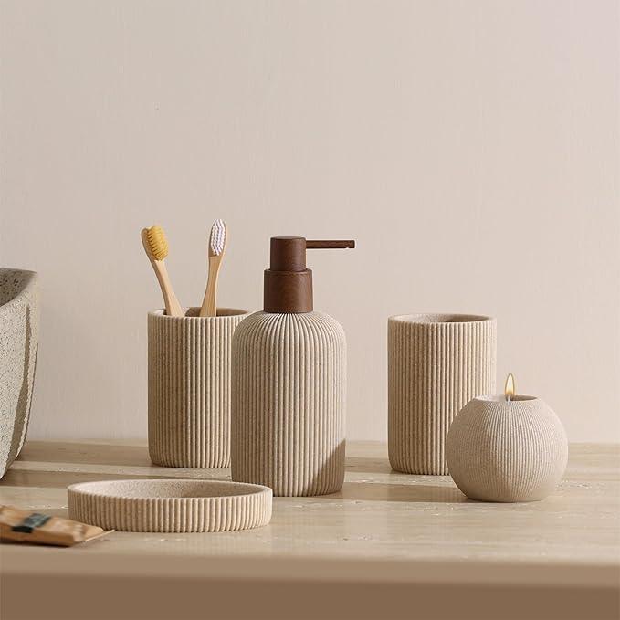 WUUAHOME Bathroom Accessories Set, 5 PCS Sandstone Look Stripe Modern Bath Organizer with Soap Dispenser, Toothbrush Holder, Tumbler, Soap Dish, Candle Holder for Countertop Kitchen Sink (Beige) - ModernBath