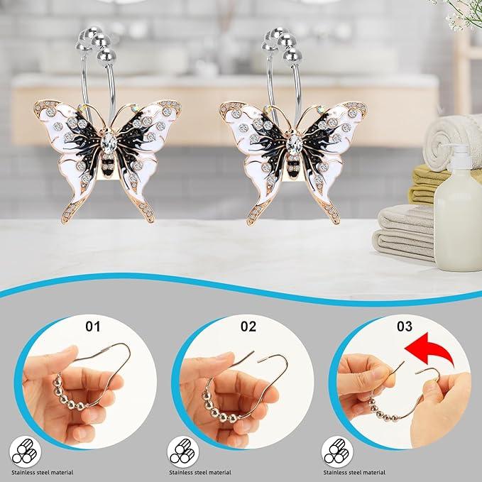 Elerslodia Butterfly Decorative Shower Curtain Hooks,Black and White,12 Pieces,Roller Ball, Stainless Steel,Insect Decor,Shower Rings,Bathroom Set,Rustproof,Home Living & Bathroom Decor,Gift - ModernBath