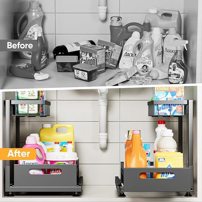 Under Sink Organizer Storage 2-Tier Premium Metal Pull-Out Racks, Height Adjustable, Heavy Dut and Easy Installation for Kitchen & Bathroom Organizers 2 Pack - ModernBath