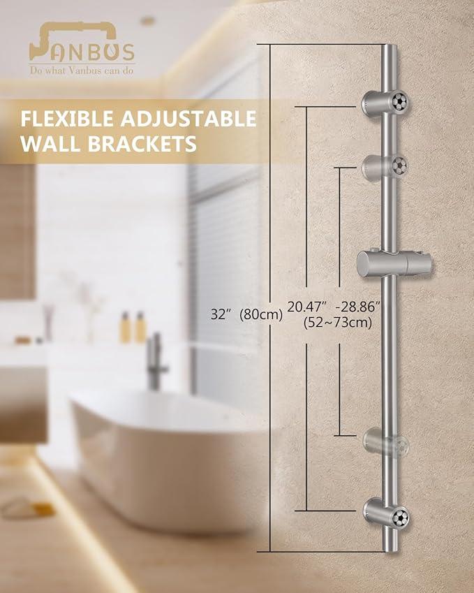 Vanbus Brushed Nickel Shower Slide Bar 32 Inch with Height/Angle Adjustable Handheld Shower head Holder, Bathroom SUS 304 Stainless Steel Wall-Mounted for Bath - ModernBath