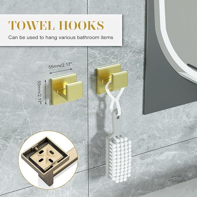 Bathroom Accessory Towel Bar Set: 5 Pieces Gold Bathroom Hardware Square SUS304 Stainless Steel - 24 Inch Wall Mounted Towel Rack&Toilet Paper Holder&Towel Ring and Towel Hook - ModernBath