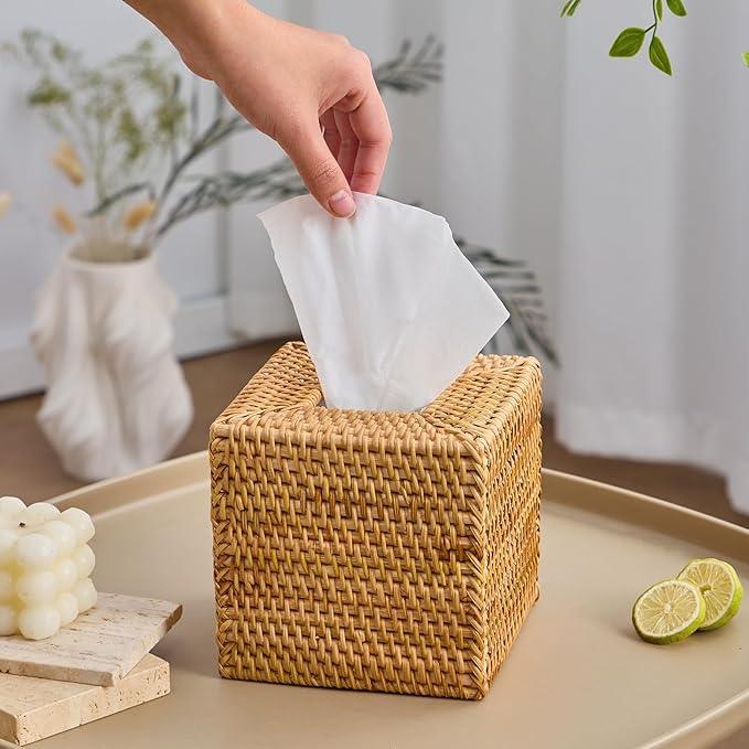 Hand-Woven Rattan Tissue Box Cover, Square Wicker Tissue Holder, Natural Woven Facial Napkin Holder - ModernBath