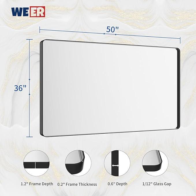 WEER Black Bathroom Mirror for Wall, 50X36 Inch Matte Black Mirror, Rectangular Black Metal Framed Vanity Mirror with Tempered Glass, Rounded Corner, Anti-Rust (Horizontal/Vertical) - ModernBath