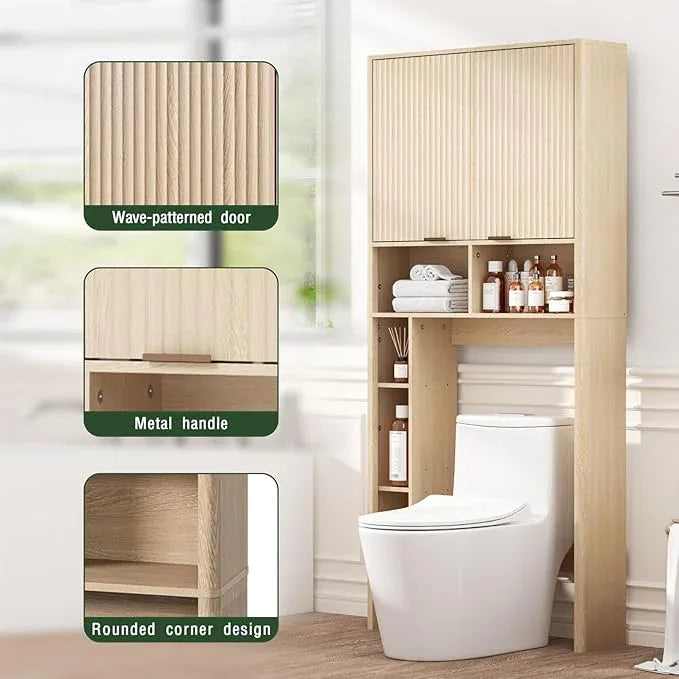 31''W Over The Toilet Storage Cabinet with Fluted Door, Oak Bathroom Organizer with Adjustable Shelf, 67''H Tall Natural Toilet Paper Holder Stand Wave Door for Restroom, Laundry Room - ModernBath