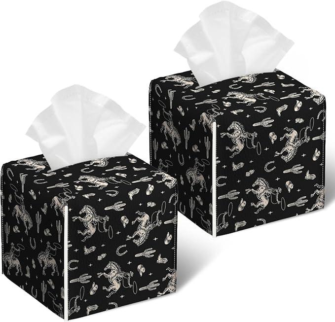 Western Cowboy Tissue Box Cover 2PCS, Leather Tissue Box Holder Square Facial Paper Case Tissue Box Cube Organizer for Bathroom Bedroom Desk Office - ModernBath
