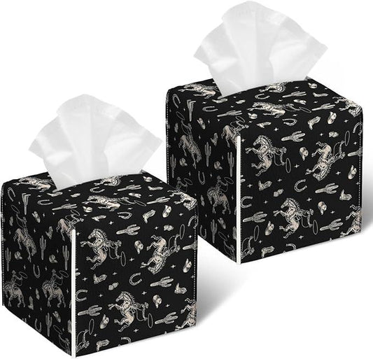 Western Cowboy Tissue Box Cover 2PCS, Leather Tissue Box Holder Square Facial Paper Case Tissue Box Cube Organizer for Bathroom Bedroom Desk Office - ModernBath
