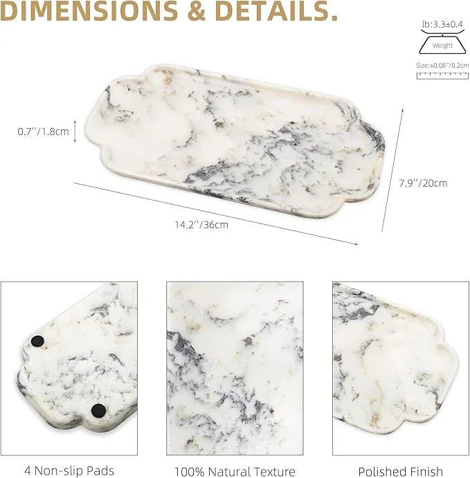 Marmor 100% Natural Marble Bathroom Tray for Perfume, Candles, Jewelry Stone Vanity, Bathroom & Kitchen Counter Organizer and Home Decor (Calacatta Gold Marble Lace Long Plate（14.2 * 7.9 * 0.7）) - ModernBath