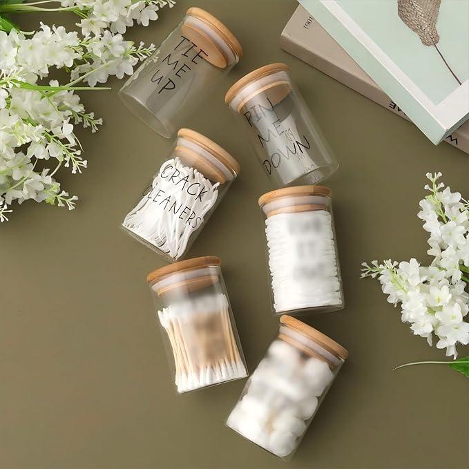 Tessco 6 Pcs Cotton Ball Holder Apothecary Jars with Lids Glass 3 Pcs Bamboo Tray Oval Plate Bathroom Decor Clear Cotton Ball Holder Bathroom Organizer Countertop Bathroom Storage Containers - ModernBath