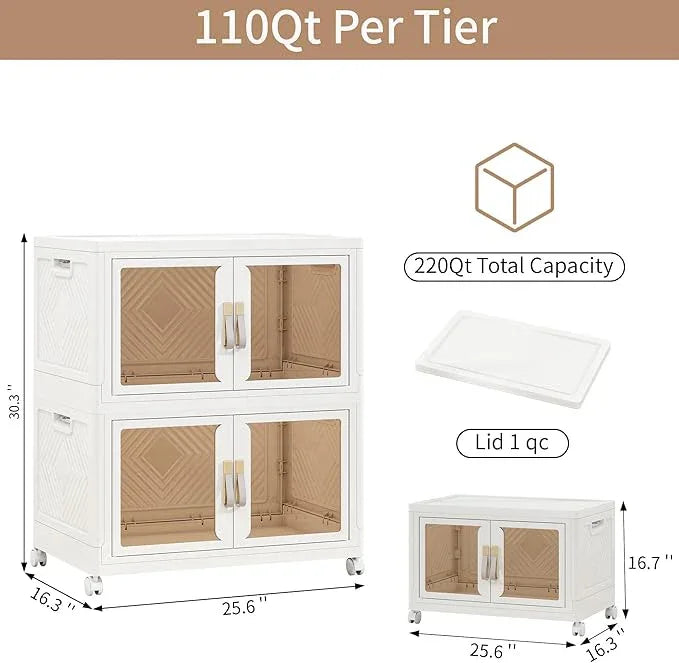 Large Stackable Storage Bins with Lids, 220QT-110QT*2Tier Foldable Cabinet for Closet Organizers, Plastic Storage Containers Box with Wheels - ModernBath
