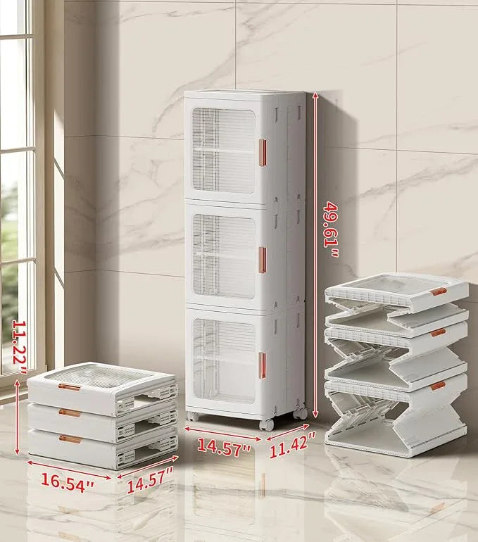 3-Tier Slim Narrow Bathroom Storage Cabinet with Movable Wheels and Adjustable Shelves Plastic Cabinets with Doors Foldable Small Spaces Organizers for Kitchen Laundry Bedroom Pantry,White - ModernBath
