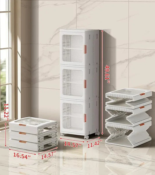 3-Tier Slim Narrow Bathroom Storage Cabinet with Movable Wheels and Adjustable Shelves Plastic Cabinets with Doors Foldable Small Spaces Organizers for Kitchen Laundry Bedroom Pantry,White - ModernBath